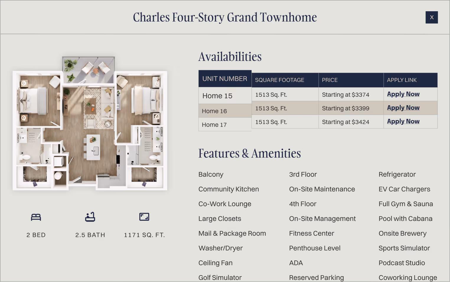 Floor plan of Charles Four-Story Grand Townhome with 2 bedrooms, 2.5 bathrooms, 1171 sq. ft., unit availability table, and list of features and amenities including balcony, community kitchen, gym, and coworking lounge.