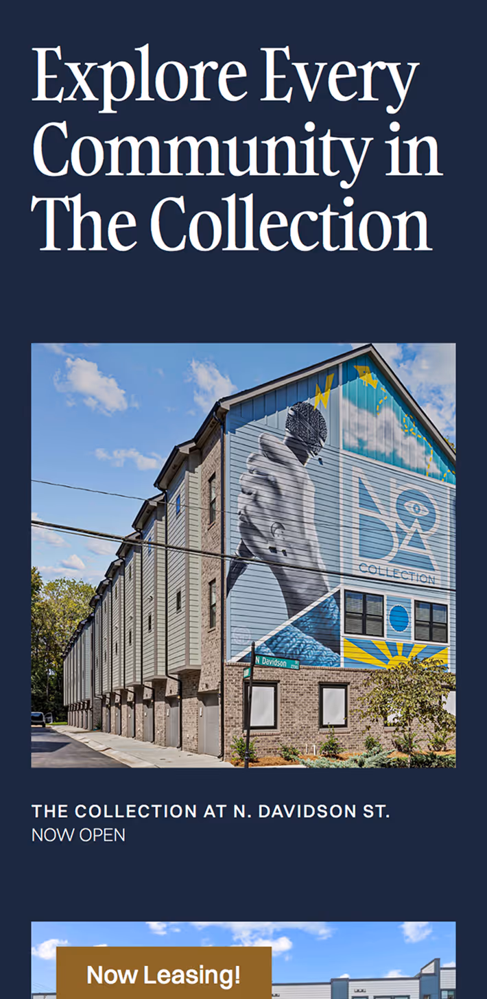 Apartment building with a mural of a hand holding a microphone and 'D4 Collection' text, located at N. Davidson St., now open.