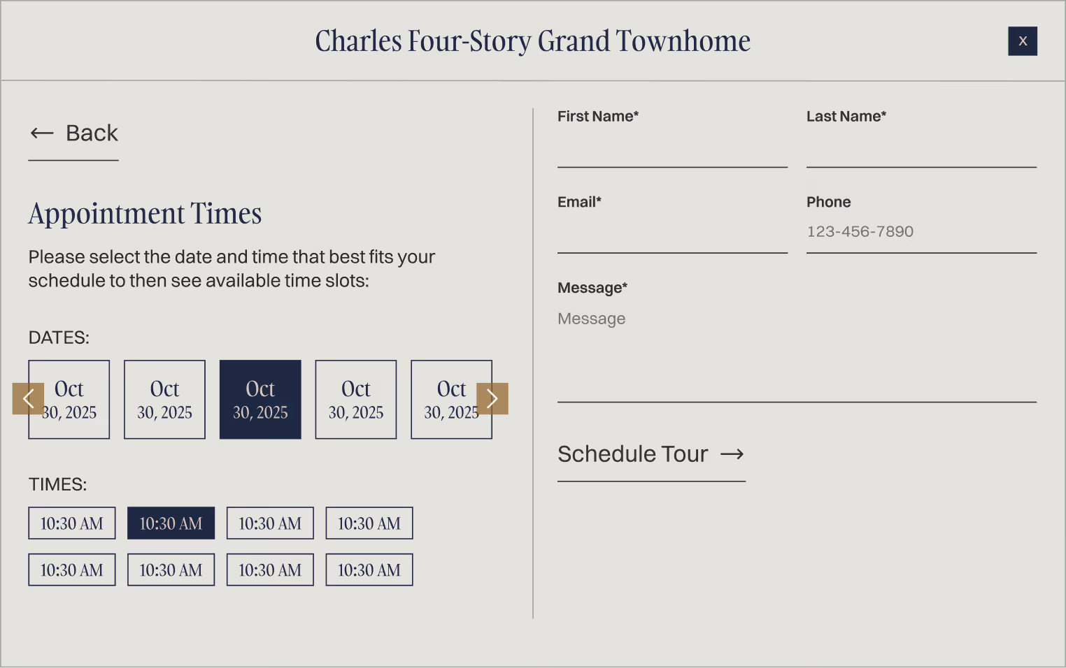 Booking form for Charles Four-Story Grand Townhome with selectable appointment dates and times on left and fields for first name, last name, email, phone, and message on right with Schedule Tour button.