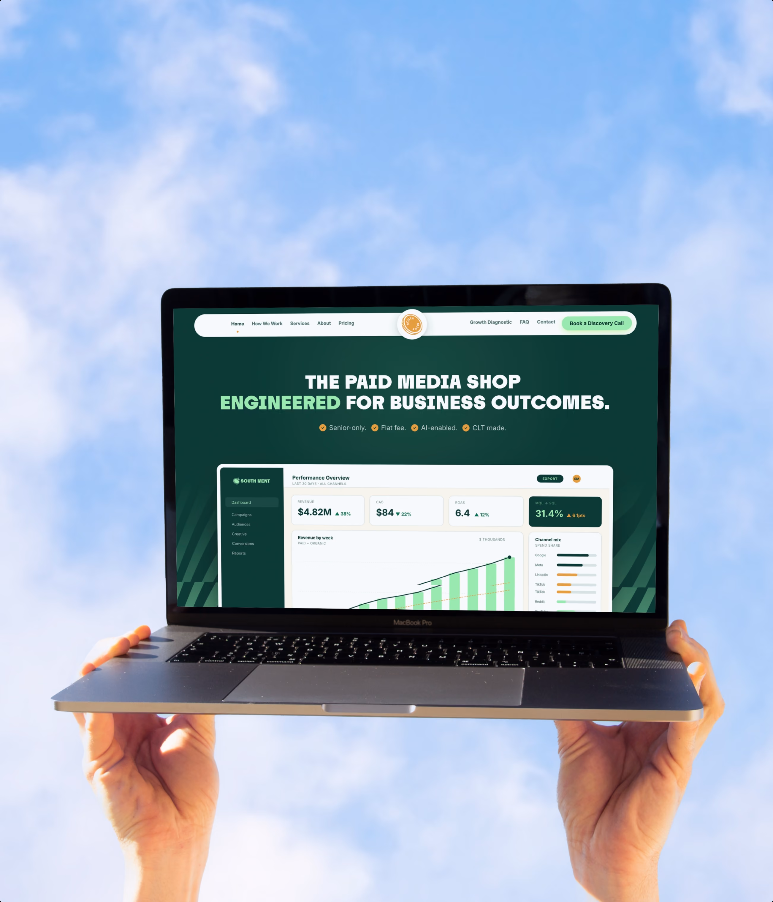 Two hands holding up a laptop with South Mint's homepage on the screen