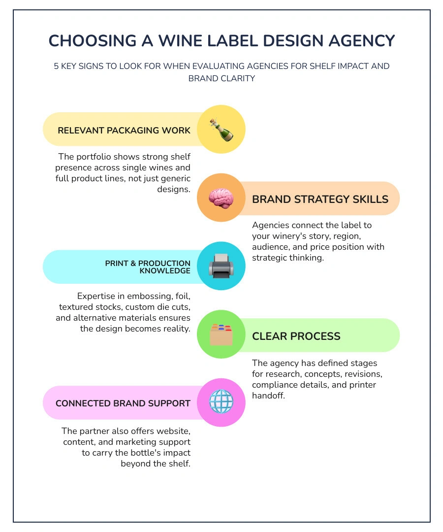Wine label design agency selection checklist: portfolio, strategy, production, process, support infographic Wine label design agency selection checklist: portfolio, strategy, production, process, support infographic