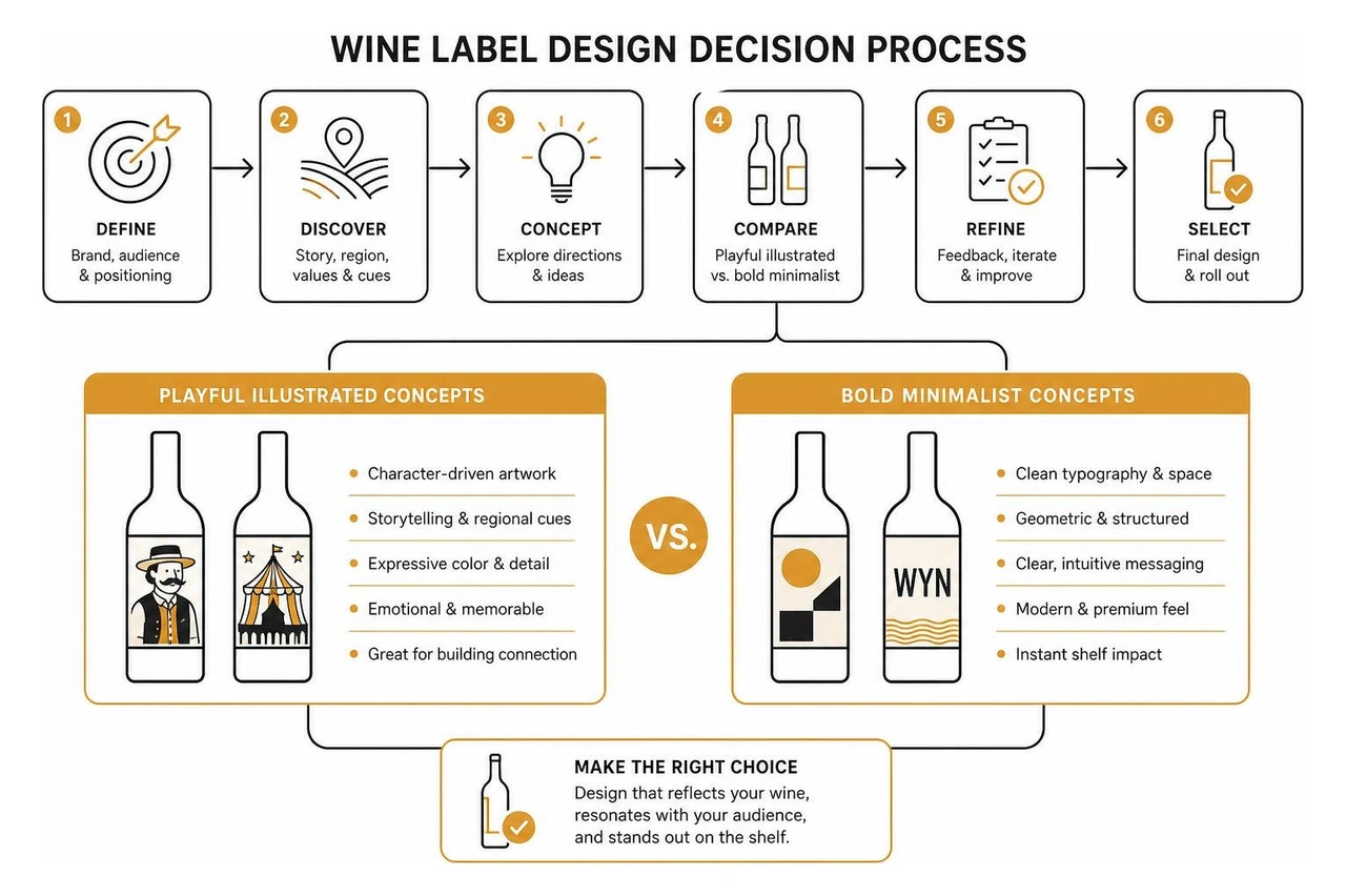 Wine label design decision process comparing playful illustrated concepts with bold minimalist layouts Wine label design decision process comparing playful illustrated concepts with bold minimalist layouts