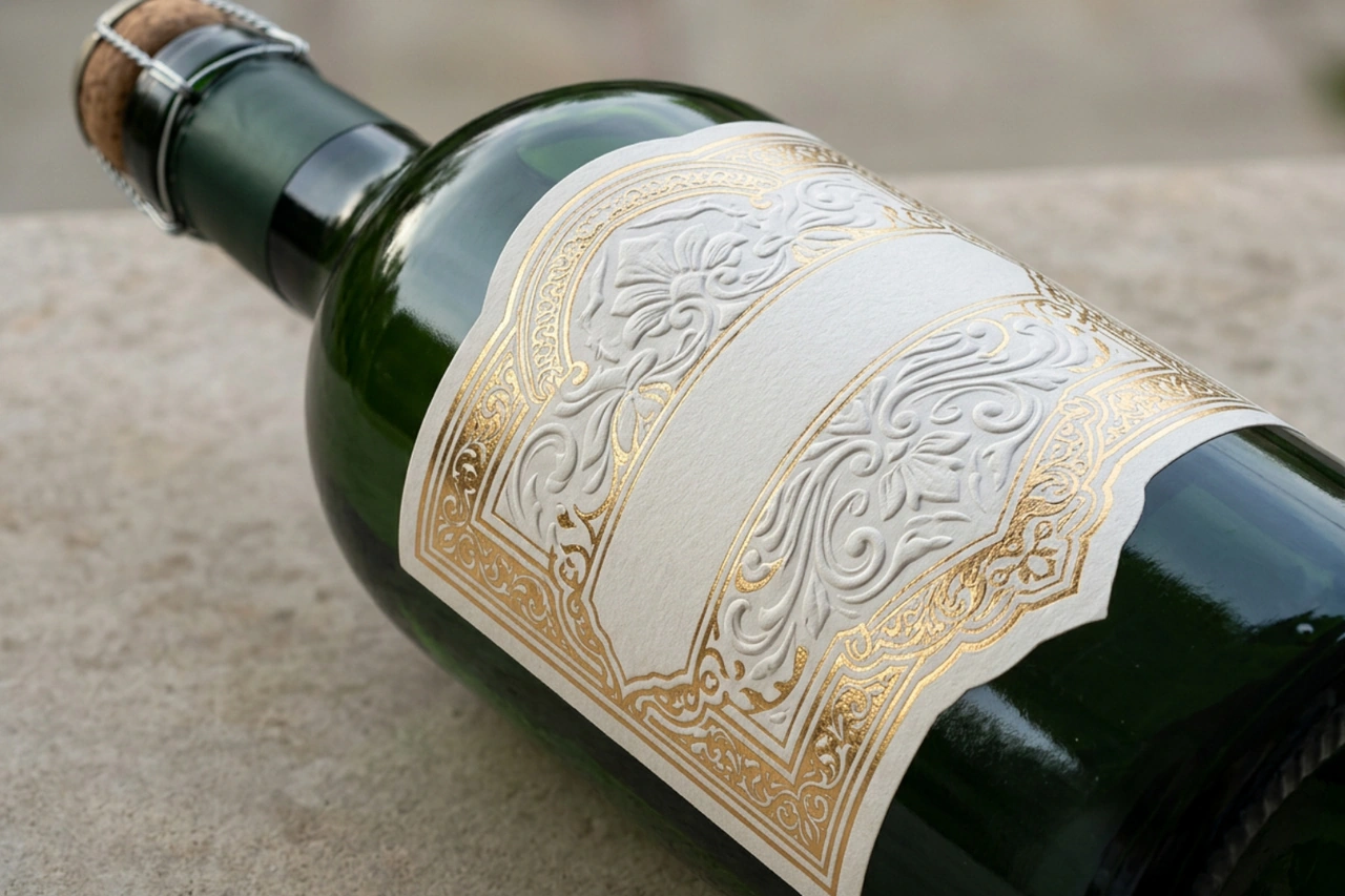 Tactile wine label finishes showing foil stamping embossing and bespoke die cuts Tactile wine label finishes showing foil stamping embossing and bespoke die cuts