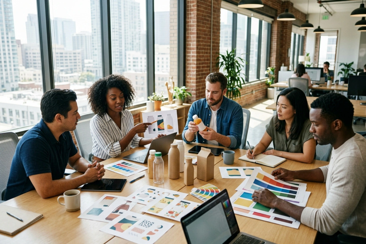 Creative agency team collaborating on beverage packaging concepts and print proofs Creative agency team collaborating on beverage packaging concepts and print proofs