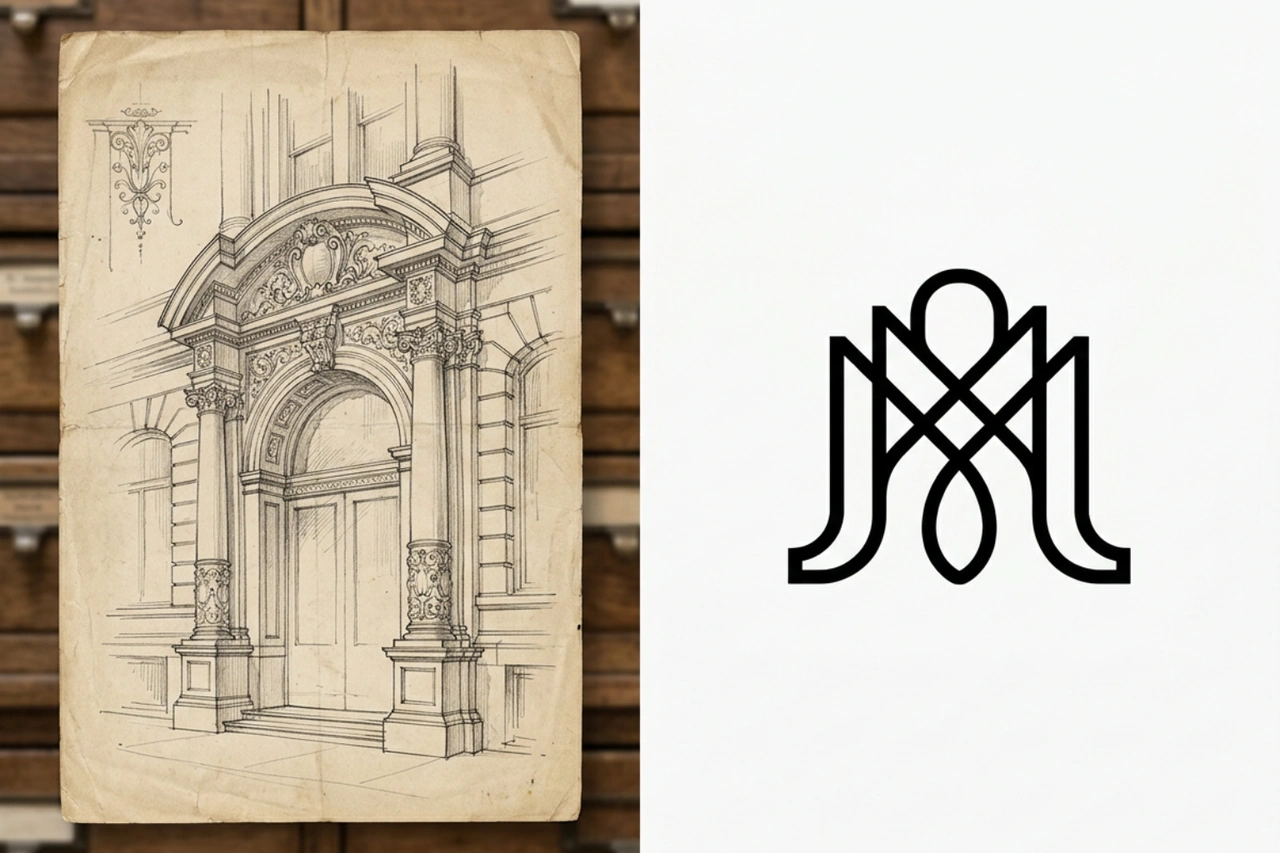 Archival museum director sketch compared with modern rebrand monogram Archival museum director sketch compared with modern rebrand monogram