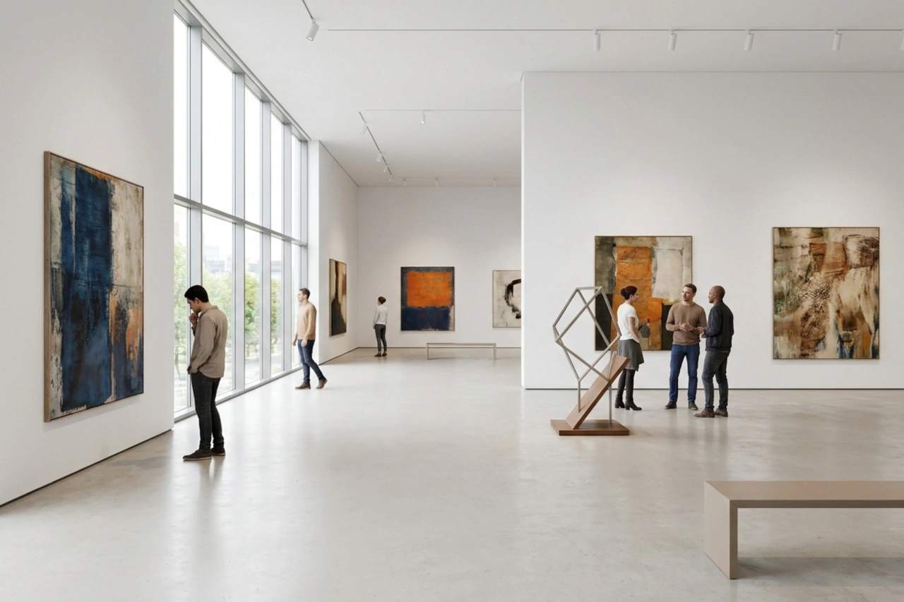 Art museum branding implementation in modern architectural gallery space Art museum branding implementation in modern architectural gallery space