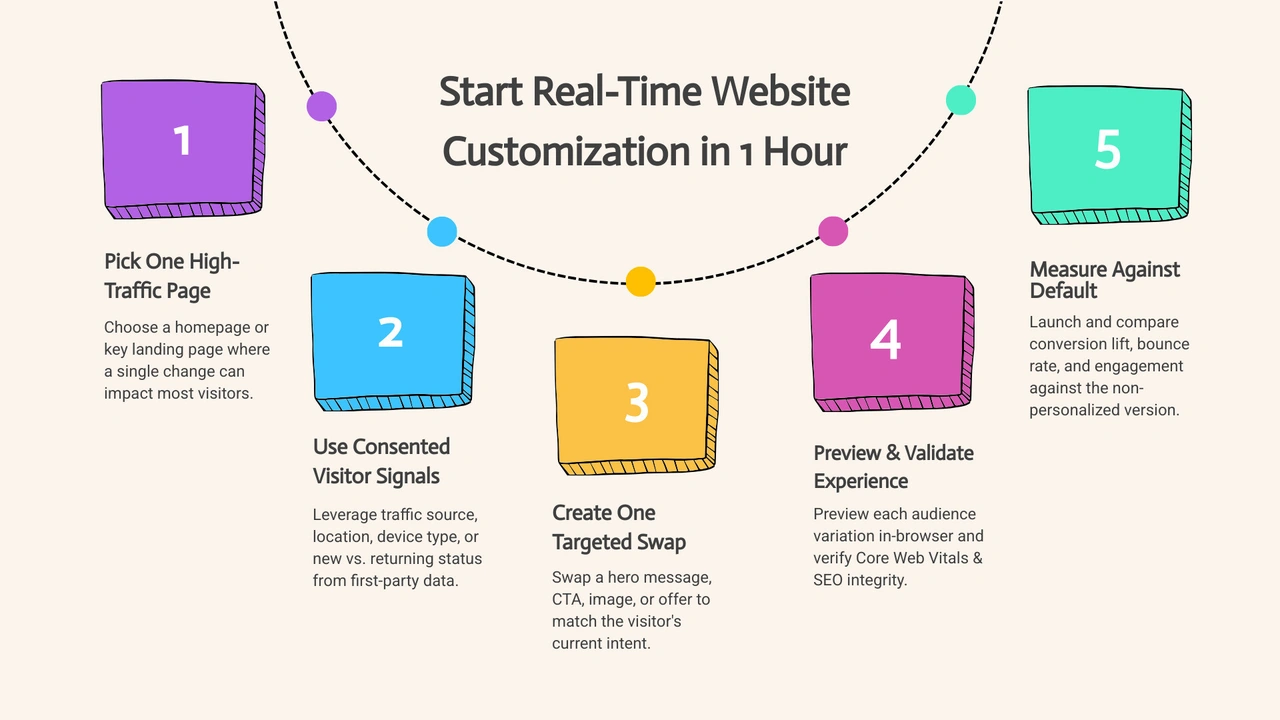 Real-time website customization workflow from visitor signal to tested content swap infographic Real-time website customization workflow from visitor signal to tested content swap infographic