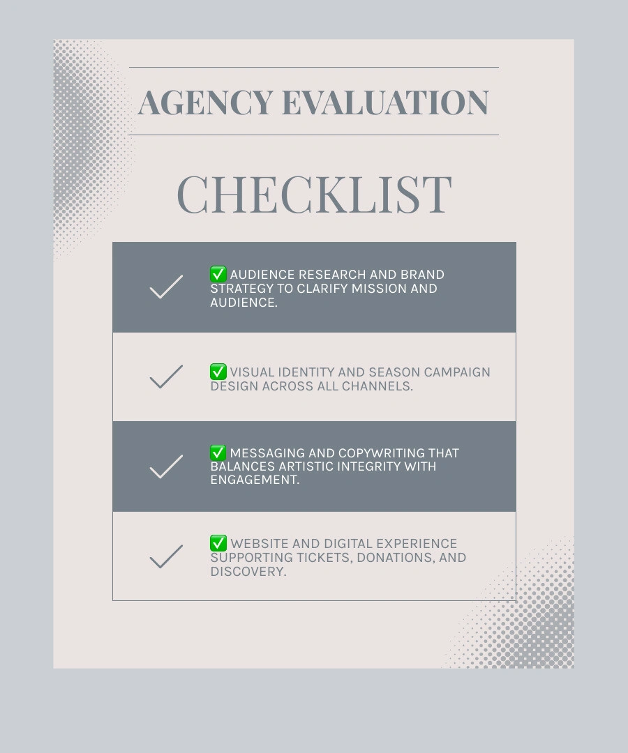How to evaluate a branding agency for arts organizations infographic
