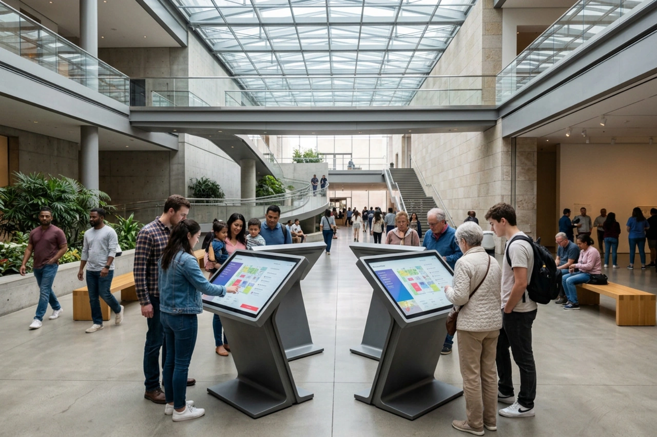 interactive digital wayfinding kiosks in an open museum atrium