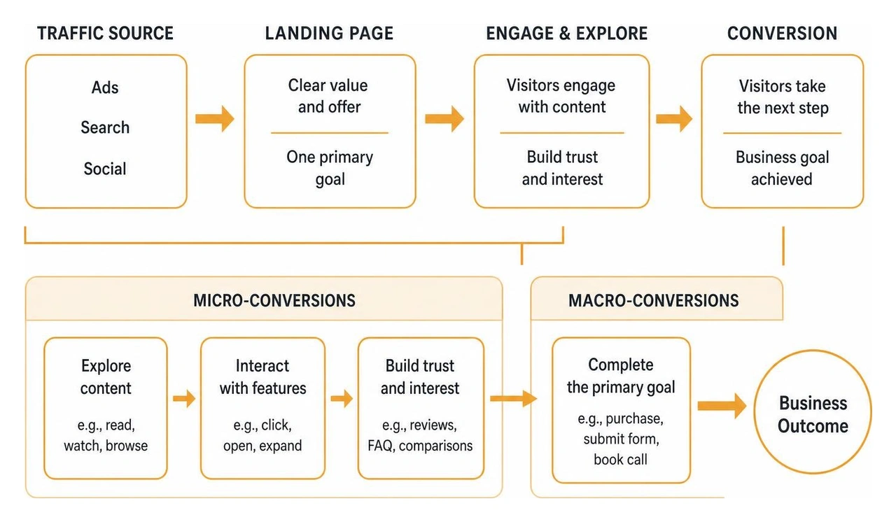 User journey from traffic source through micro-conversions to macro-conversions User journey from traffic source through micro-conversions to macro-conversions