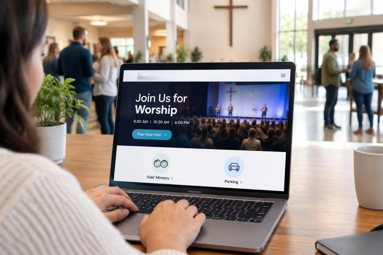 church homepage layout highlighting service times and clear next steps church homepage layout highlighting service times and clear next steps