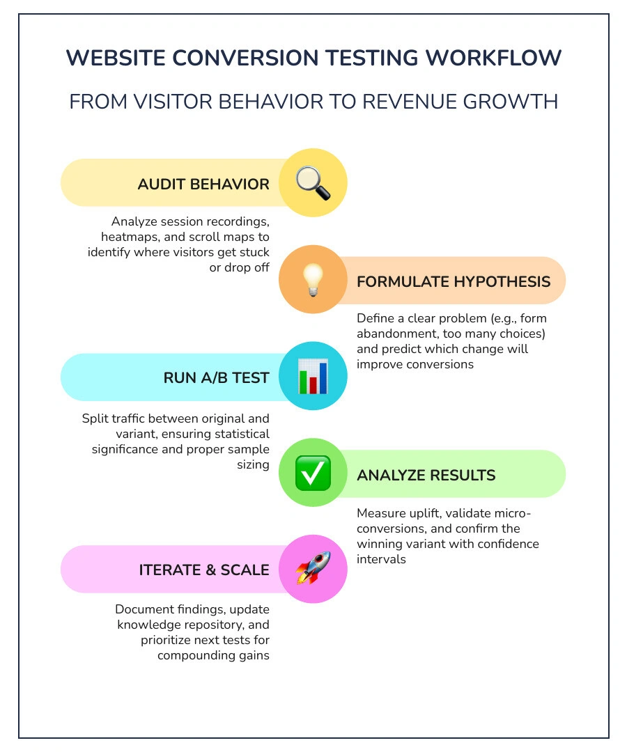 Full-funnel testing workflow from behavior audit to hypothesis, A/B test, analysis, and next steps infographic