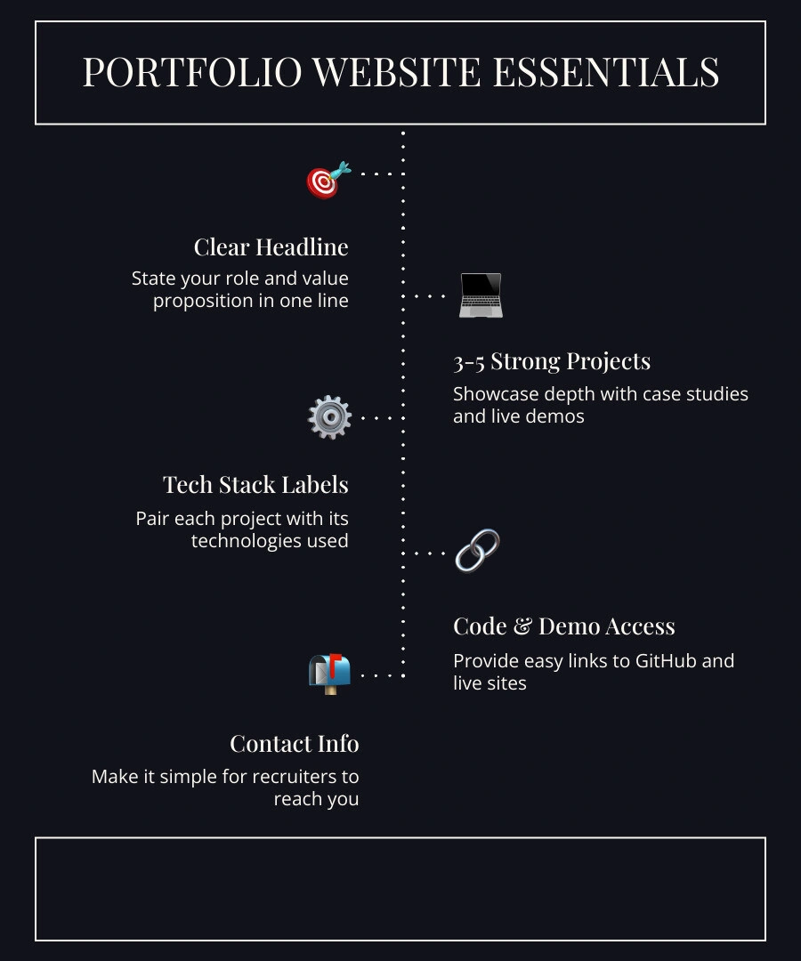 Developer portfolio examples showing clear headlines, project proof, code links, and contact options infographic