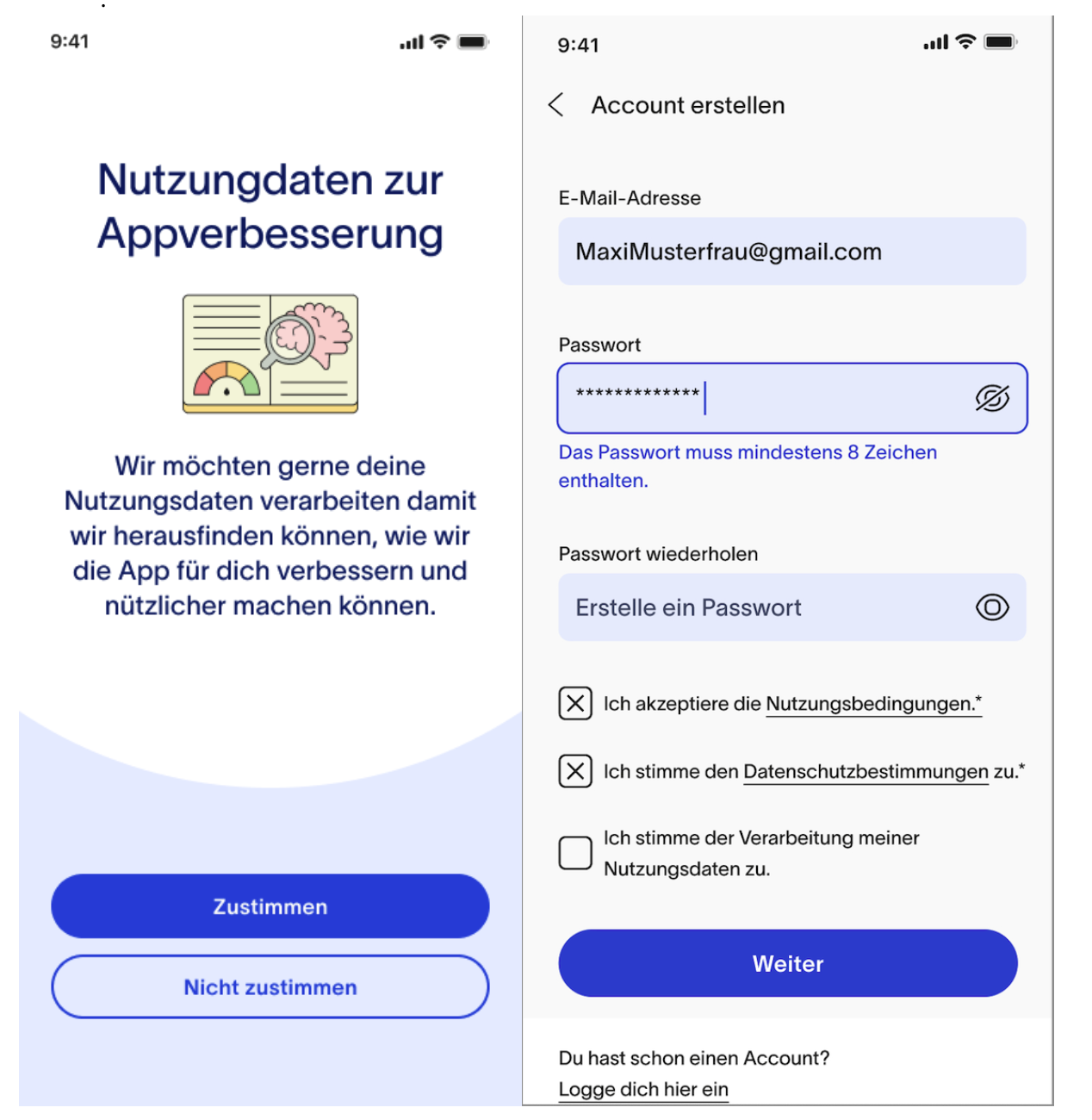 Screens In-App Datenschutzeinwilligung  