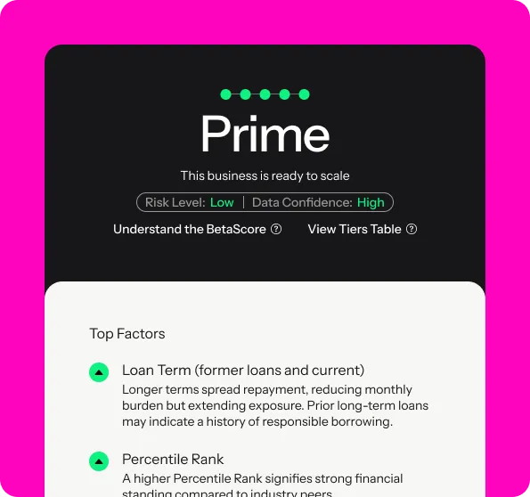 A report indicating a Prime tier BetaScore credit profile, the strongest credit position. Below are factors contributing to the credit profile.