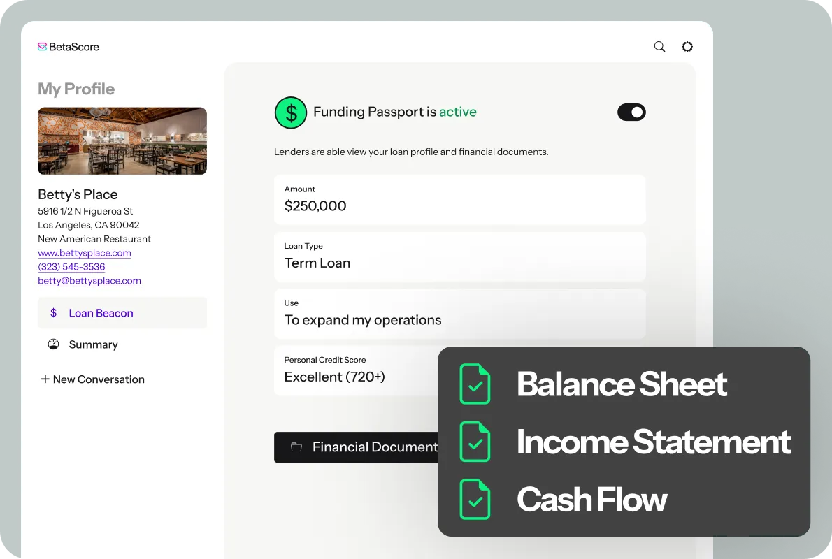 Completed Funding Passport section on the user dashboard that includes loan amount, loan type, loan use, and personal credit score. Attached are balance sheet, income statement, and cash flow