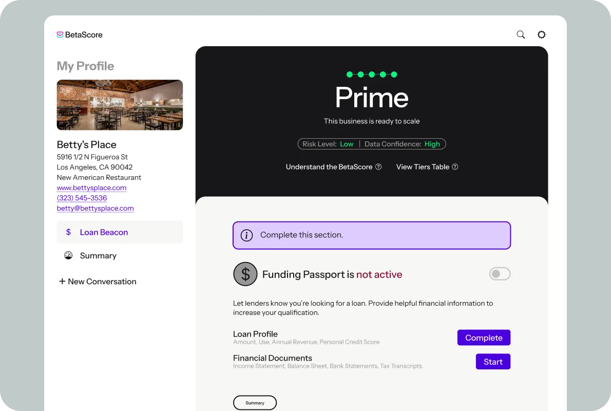 BetaScore dashboard for business owners