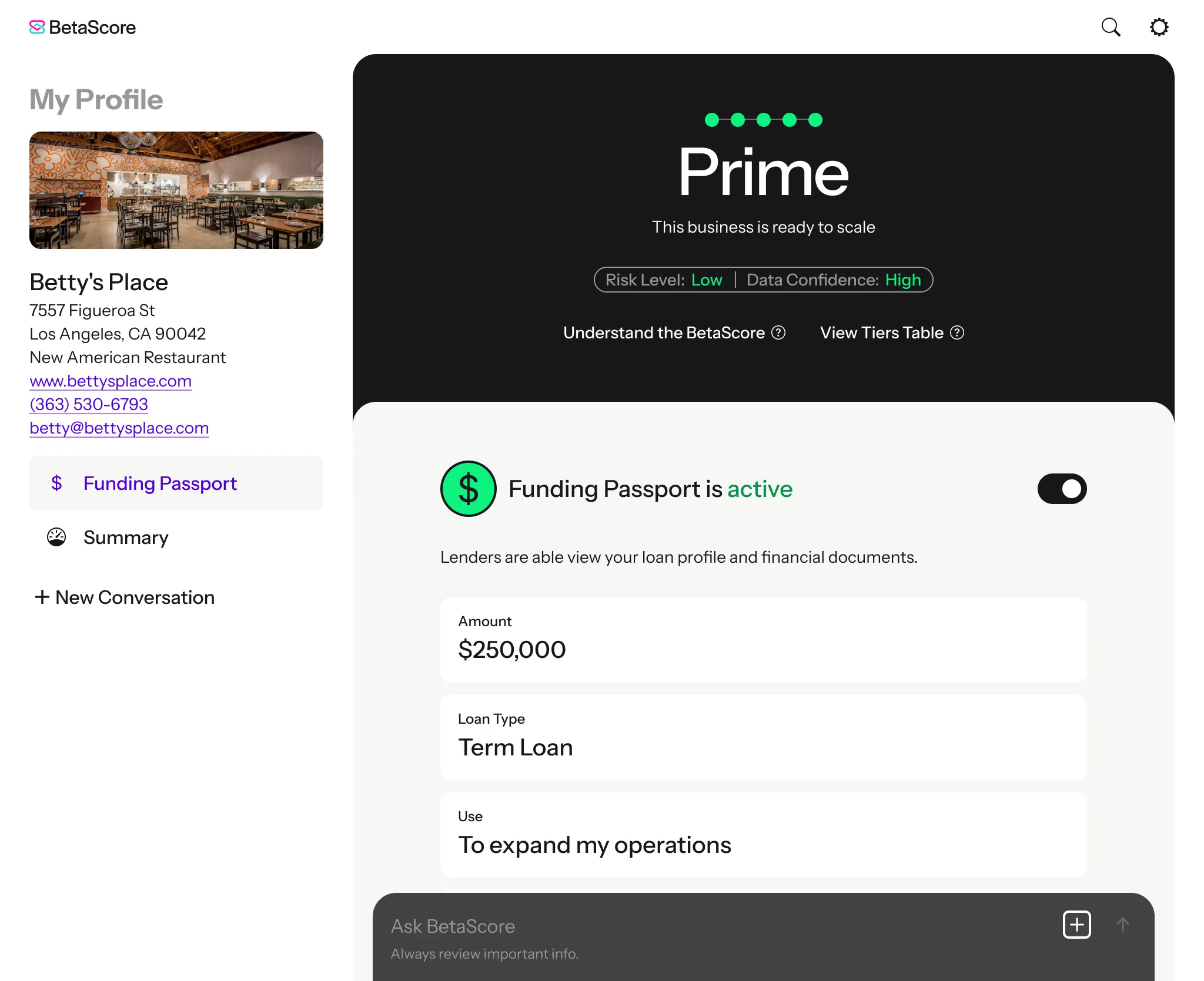 Dashboard of Business Owner user, showing a Prime tier credit profile and active Funding Passport that informs lenders they are seeking a $250,000 term loan to expand operations.