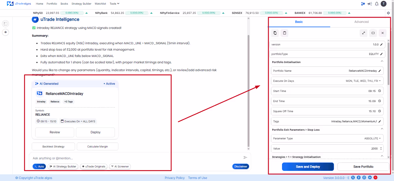Create a trading strategy with smart AI with one click, without coding. uTrade intelligence