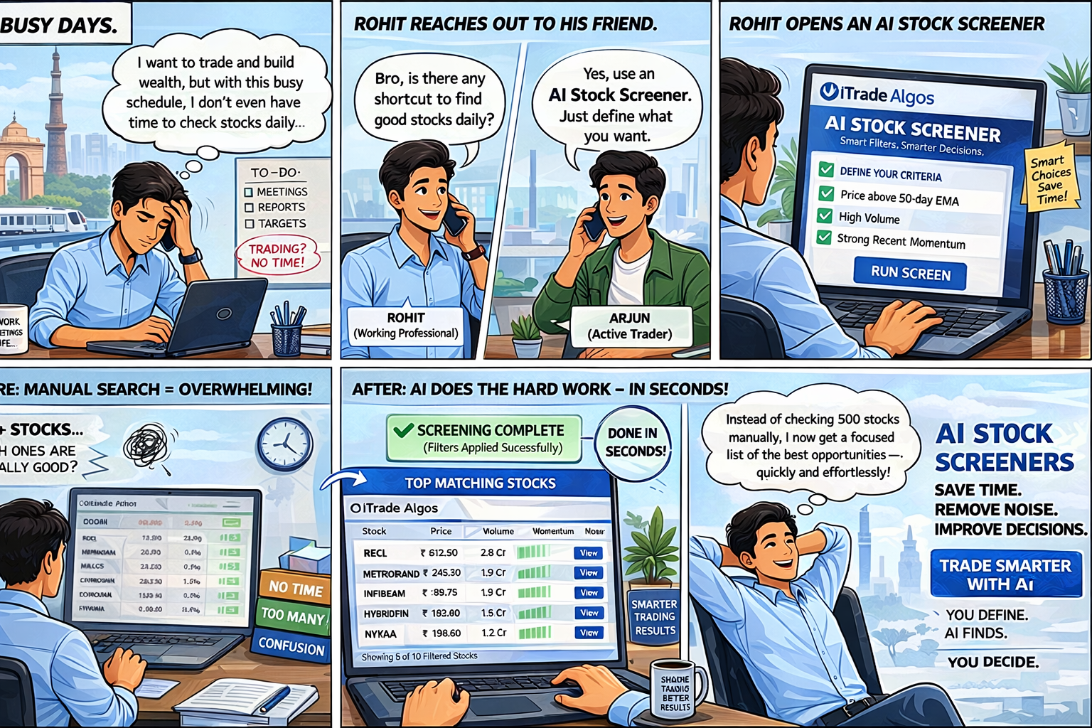 Busy professional using AI stock screener to find filtered stocks quickly for trading