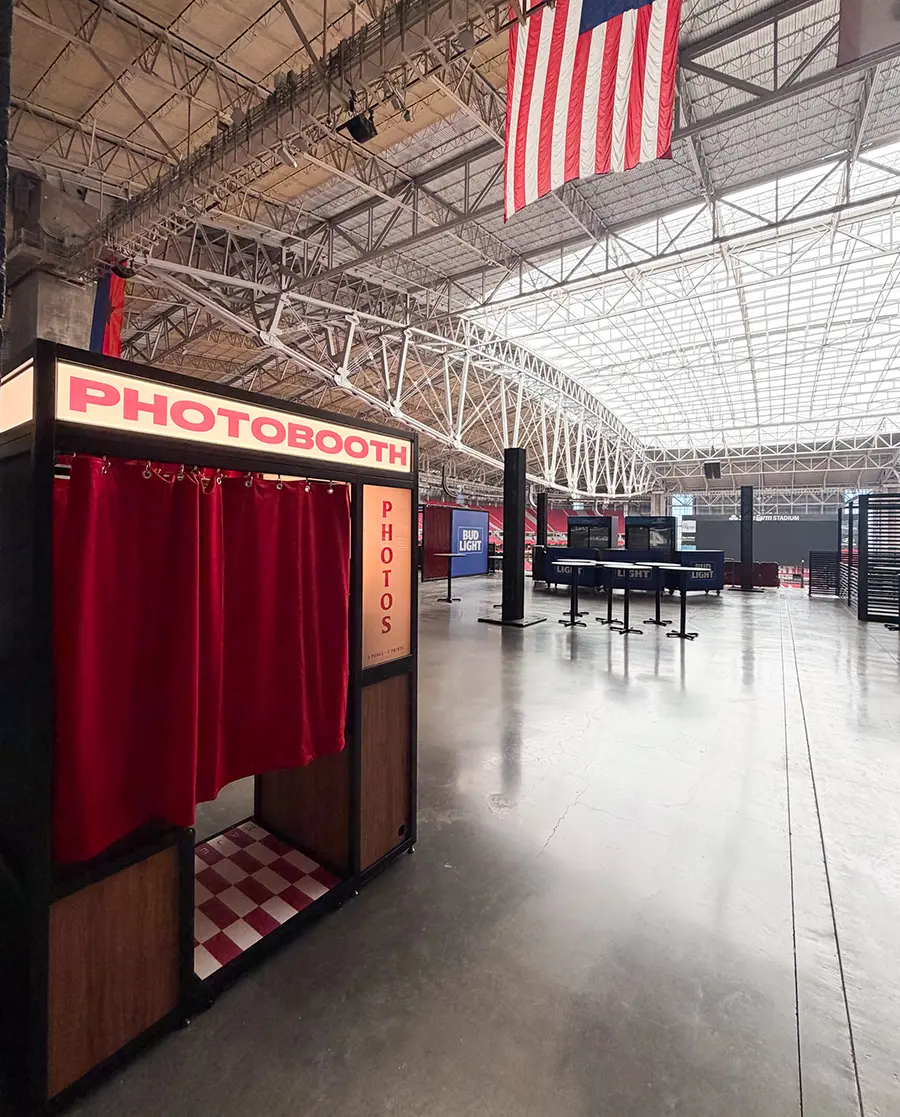 Majestic photo booth installed on the event floor at State Farm Stadium beneath the translucent retractable roof, Glendale Arizona