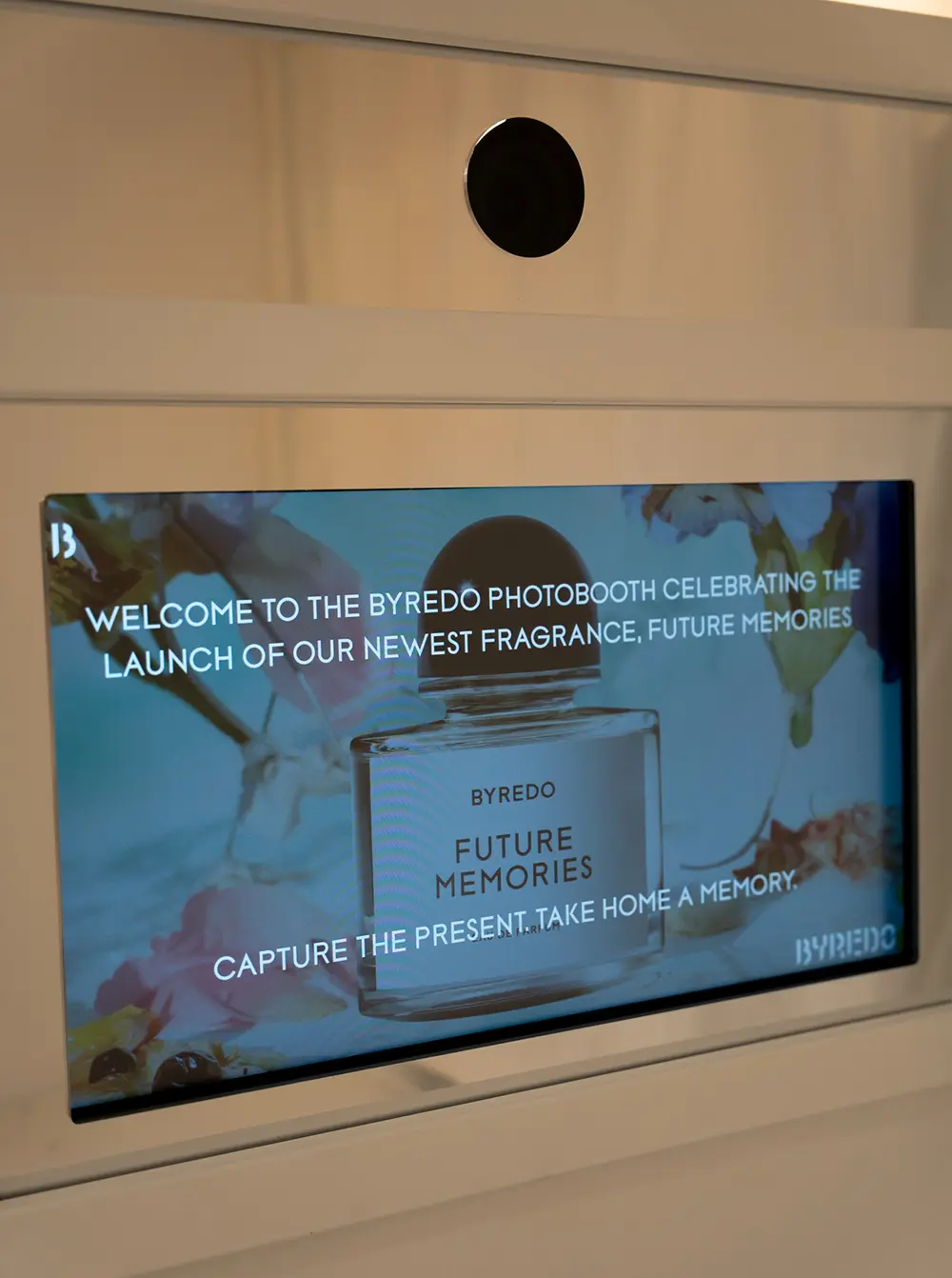 Screen on the Byredo photo booth reading Welcome to the Byredo photobooth celebrating the launch of our newest fragrance, Future Memories