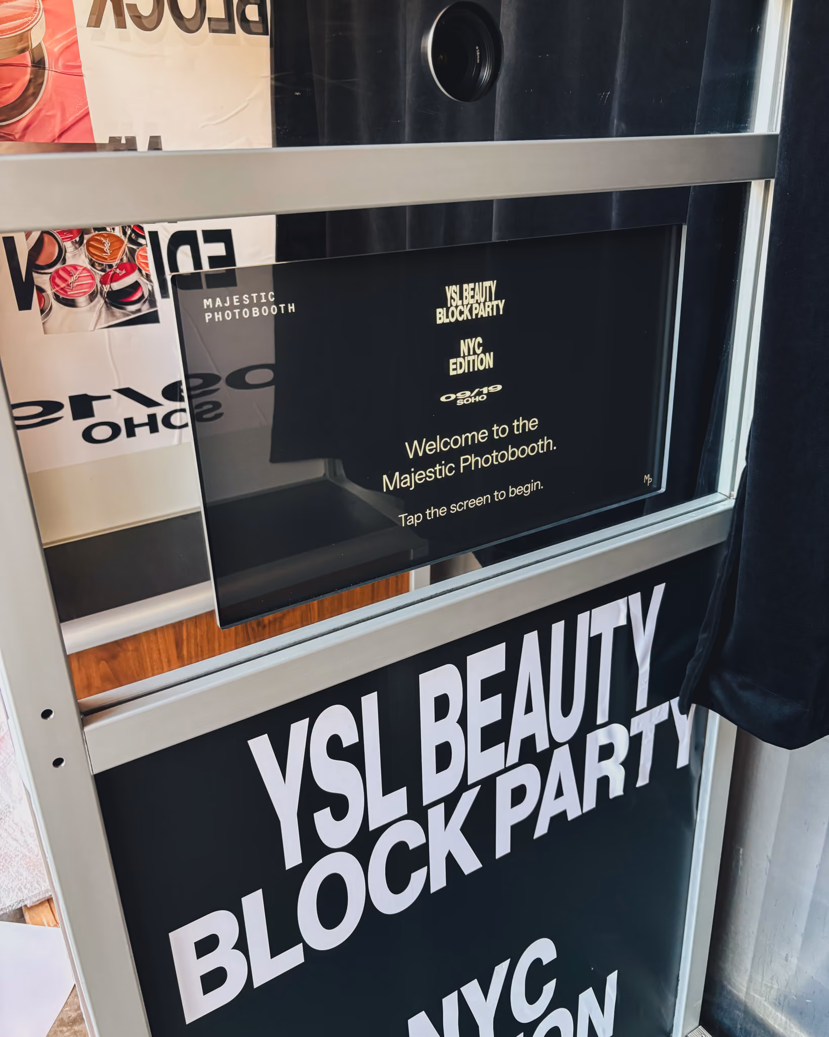 Welcome screen on the Majestic photo booth reading YSL Beauty Block Party NYC Edition 09/19 Soho