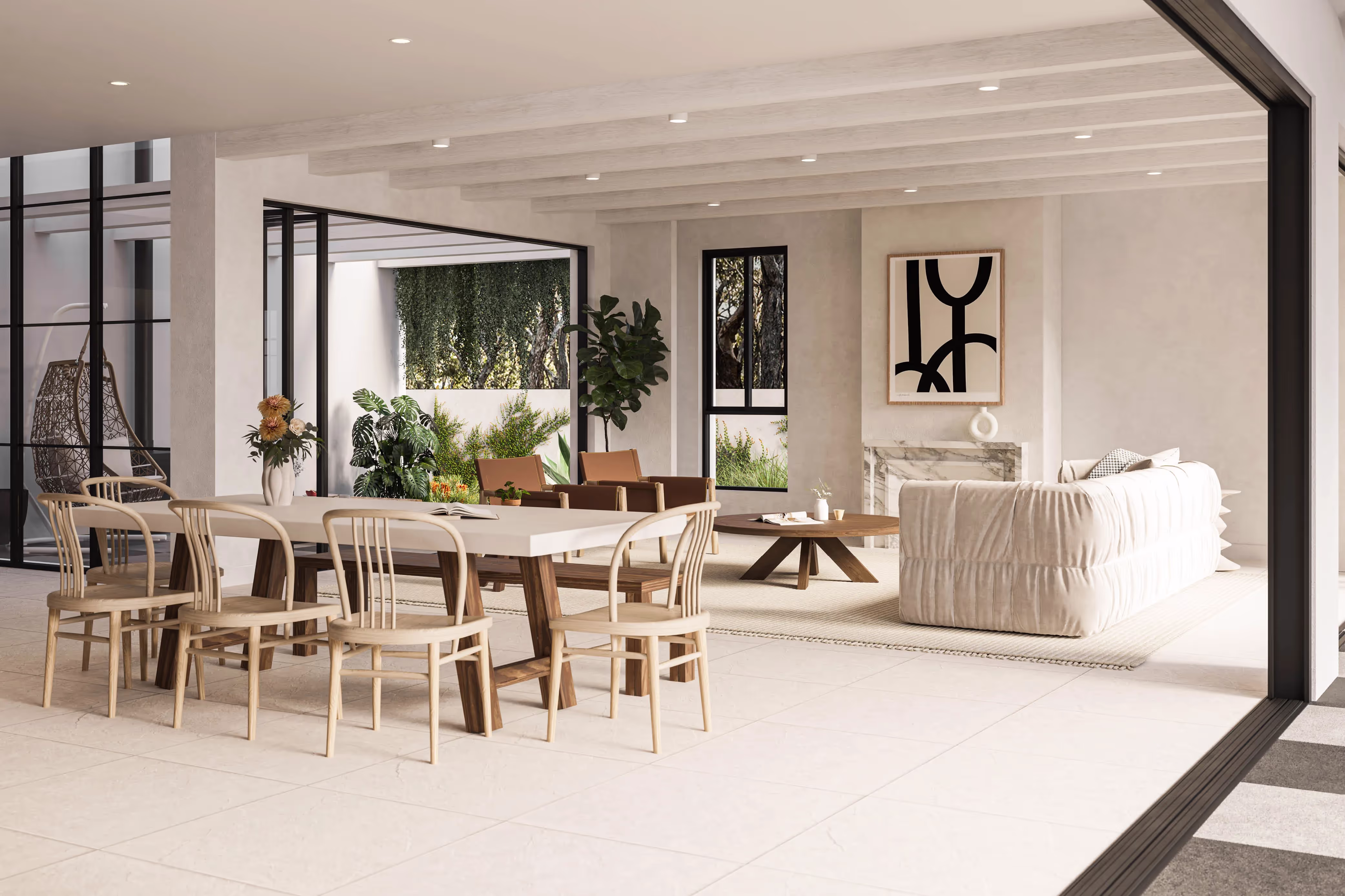 A large dining area with a table and chairs