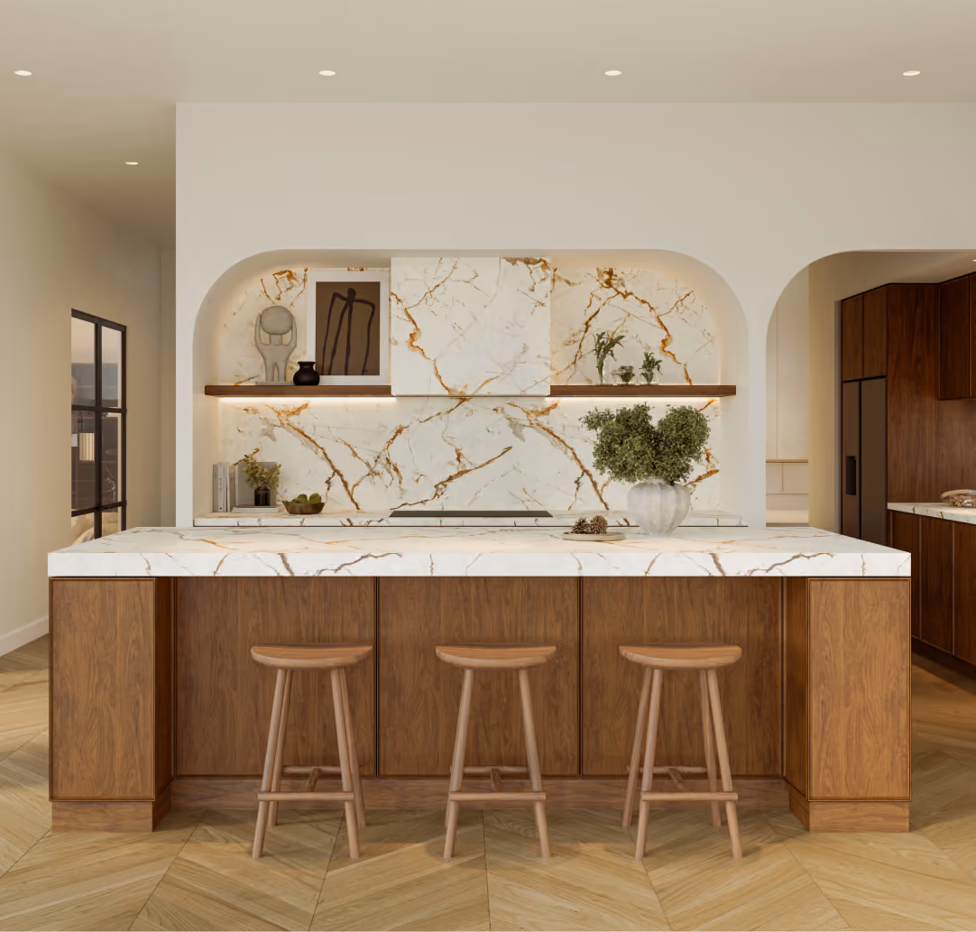 Kitchen island bench with bar stools and arched wall alcove