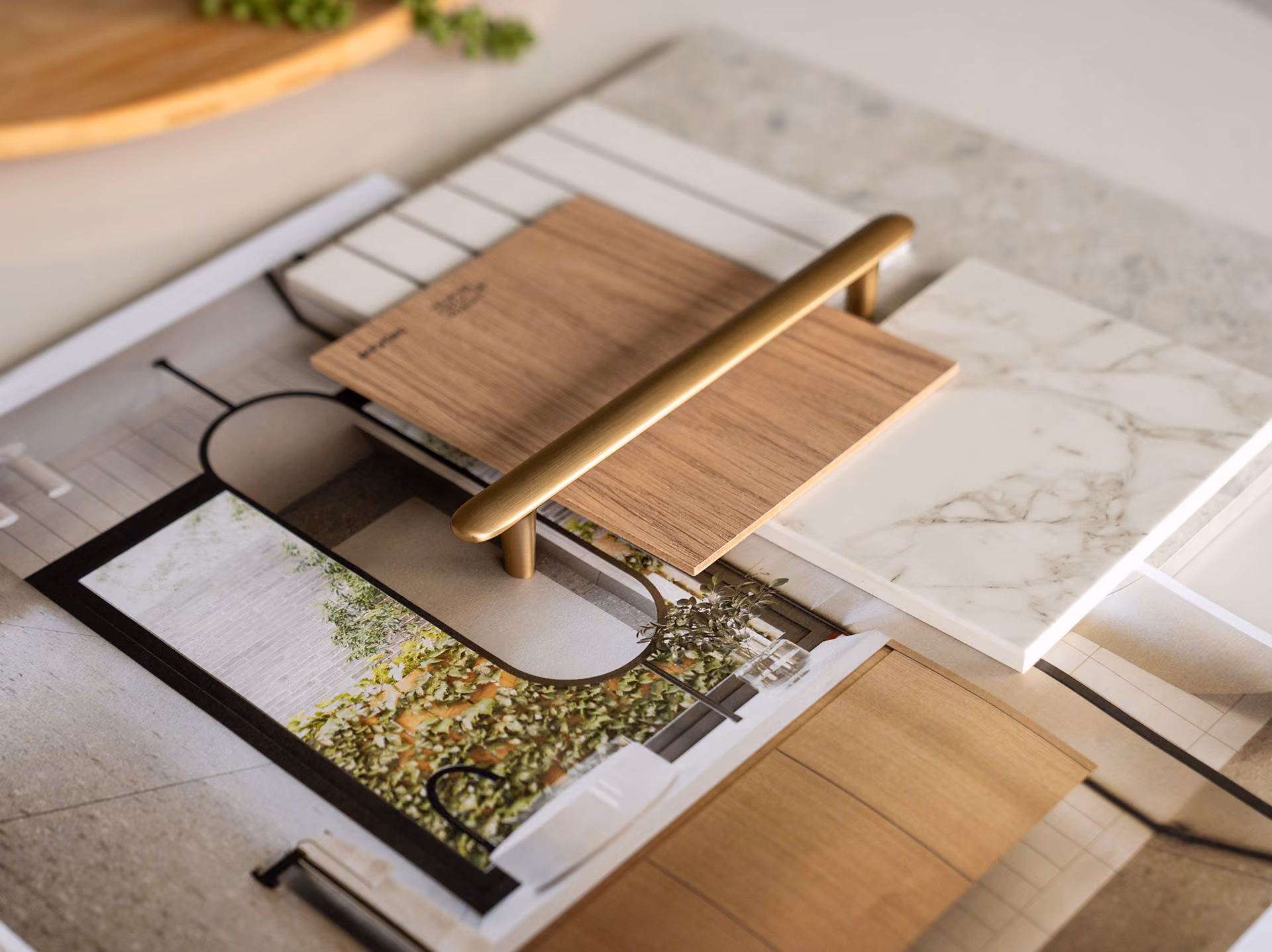 Material finishes board with brass hardware and wood samples