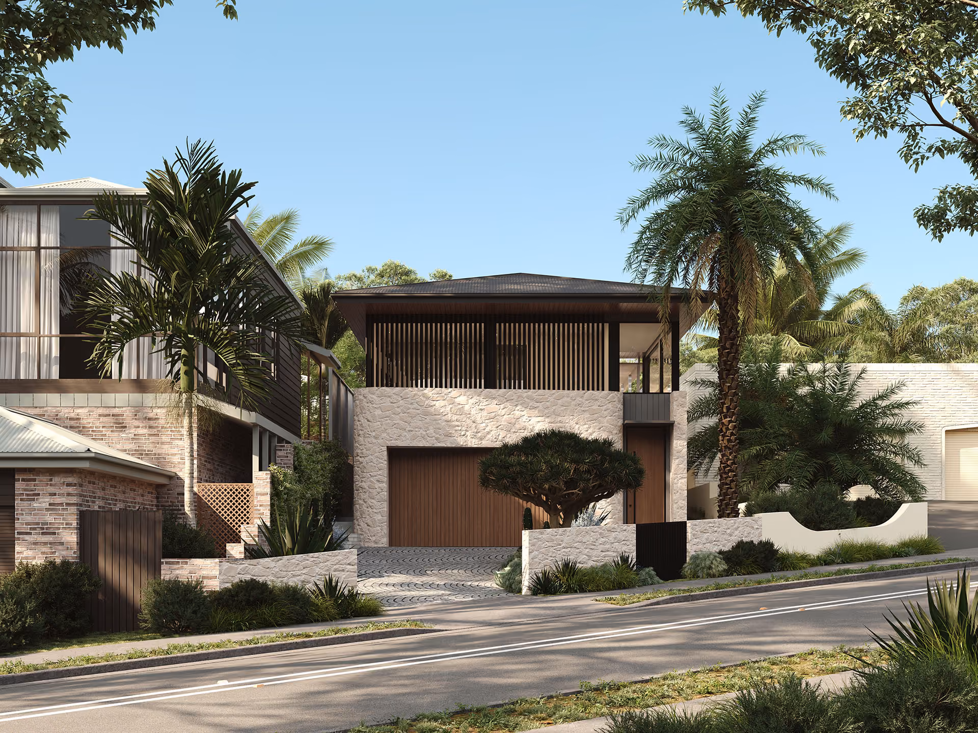 Modern exterior home facade with paved driveway and tropical palm trees.