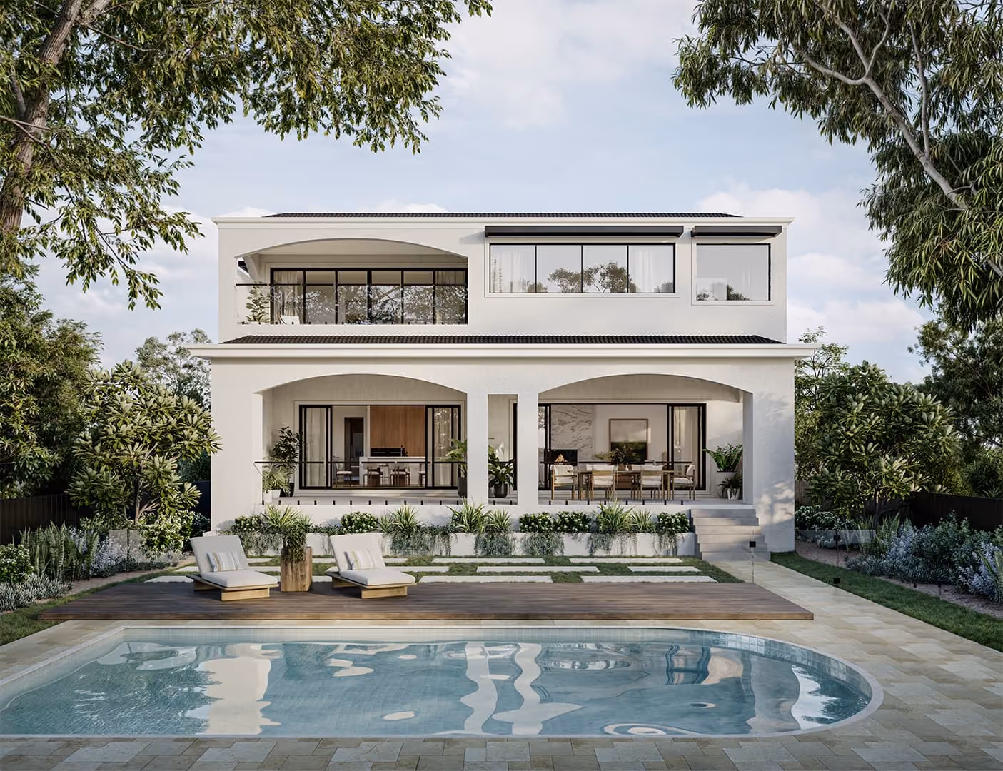 Rear exterior of a white two-storey modern home with arched patios, pool, and sun loungers.