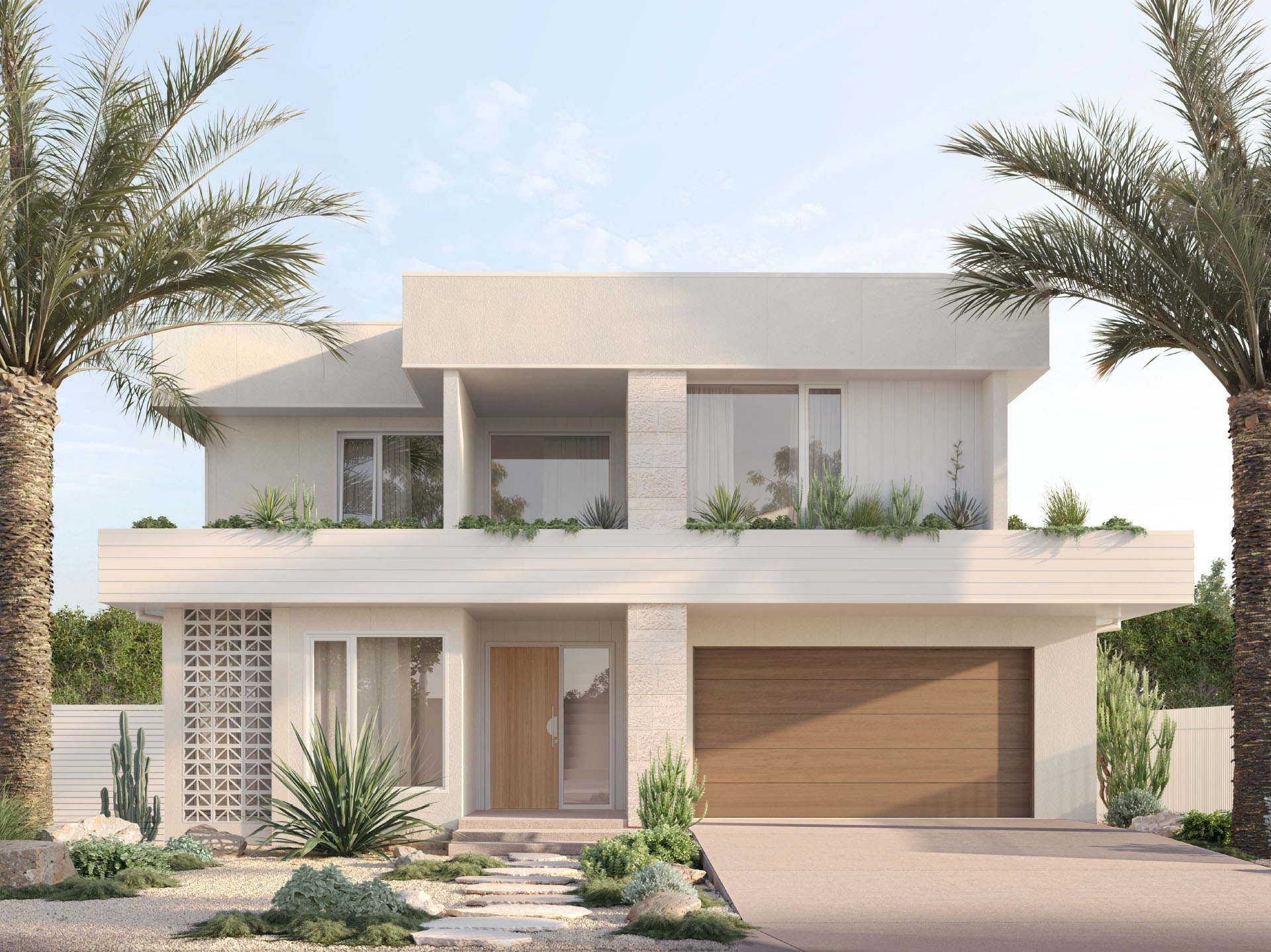 Palm Springs. Light, textured cladding creates a calm, sunlit exterior that changes with the light and suits the beachside environment.