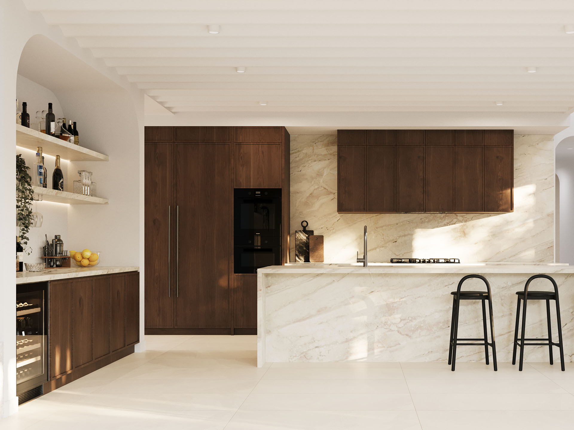 Natural stone flows through the home with definition.