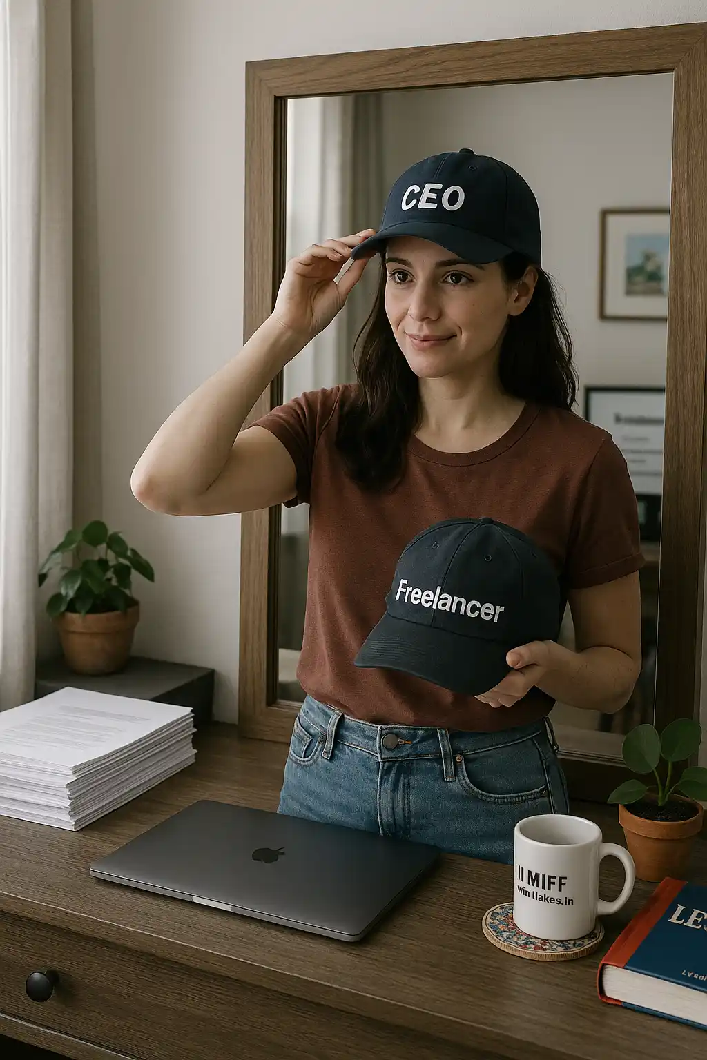 A woman trying on a CEO hat and taking off a freelancing hat