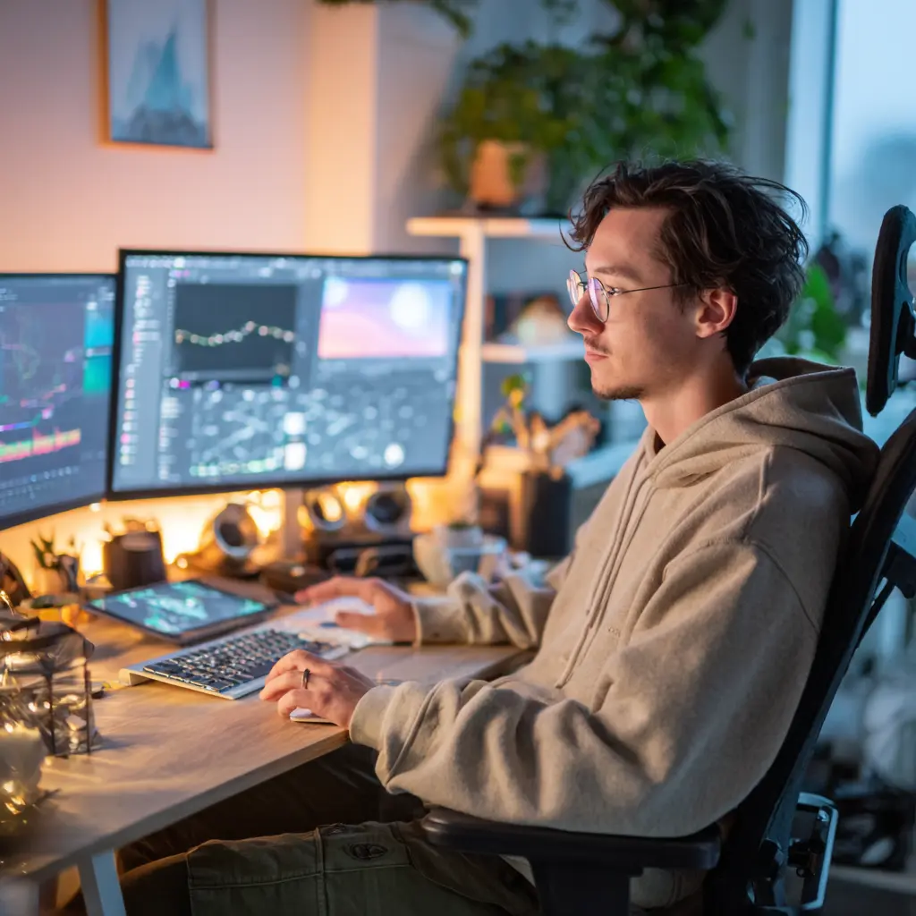a startup founder at his computer