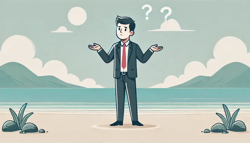 image of a company director in a suit on a beach confused, shrugging