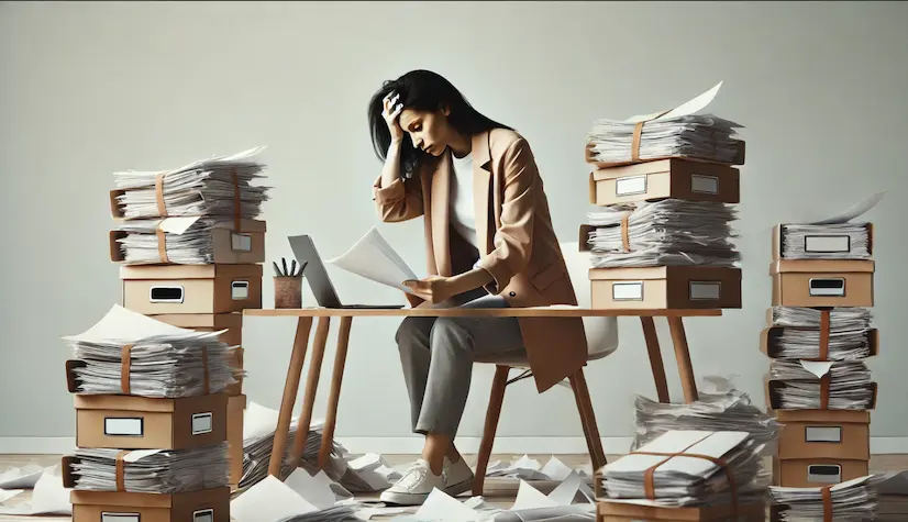 a woman overloaded with tasks and documents looking stressed
