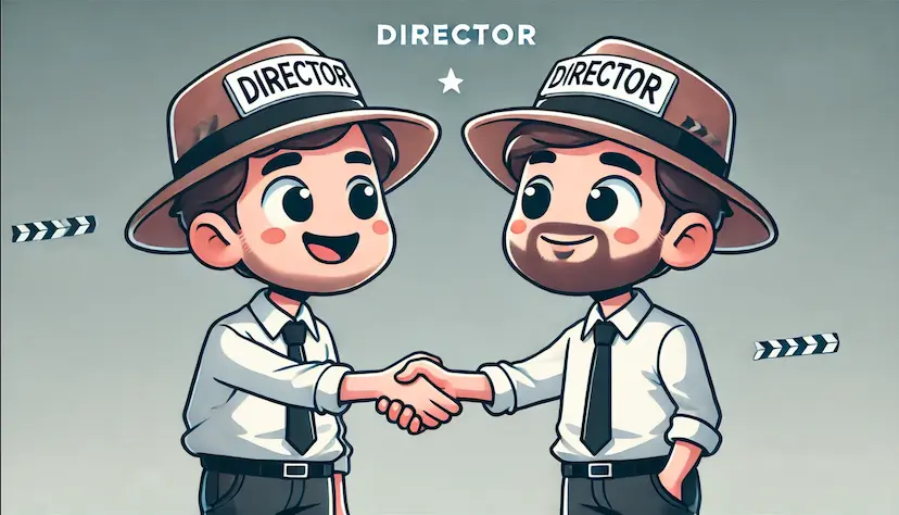 two new founders shaking hands while wearing "Director" hats