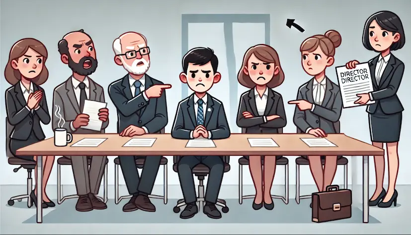 gender-balanced board of directors firing a sad male director and pointing him toward the door.