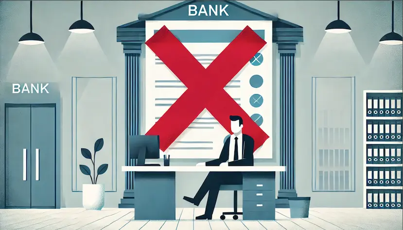 a founder working in a bank, giant red X
