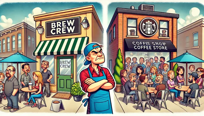 a clipart style image of a coffee shop called "Brew Crew" and the owner looks angry