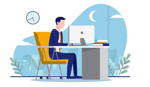 Illustration of a business man working on his computer.