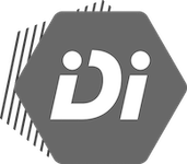 Logo blanc avec les lettres iDi stylisées sur fond hexagonal gris.