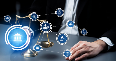 Professional services case study image, scales of justice and digital legal icons representing data-driven insights for UK law firms.