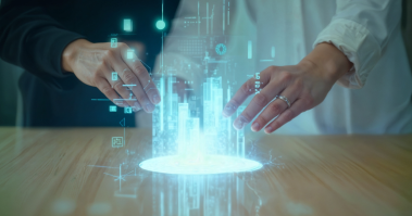 Real estate case study image, hands interacting with a glowing digital city model to illustrate data science for property lead optimization.