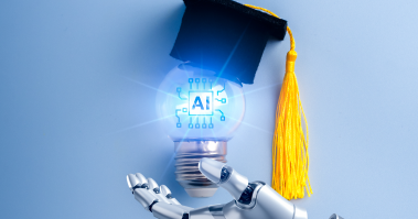 Education technology case study image, robot holding a lightbulb with graduation cap symbolizing AI-powered personalized student support for UK EdTech SMEs.
