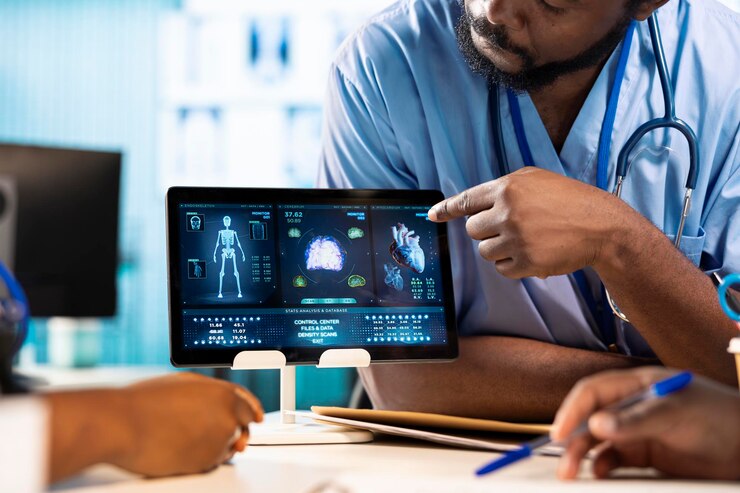 Doctors reviewing AI-driven clinical workflow and patient diagnostics on a digital tablet in a hospital setting.