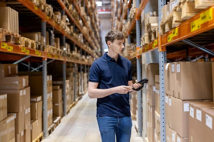 Warehouse worker using handheld scanner for autonomous stock replenishment in large retail storage aisle.