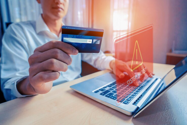 Person holding credit card near laptop with digital security warning symbol representing fraud detection and prevention.